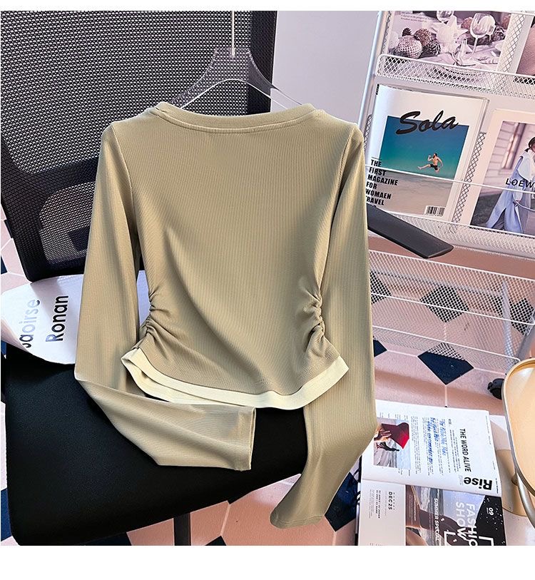2024 Women's Khaki Colour Fake Two Piece Autumn Long Sleeve Top